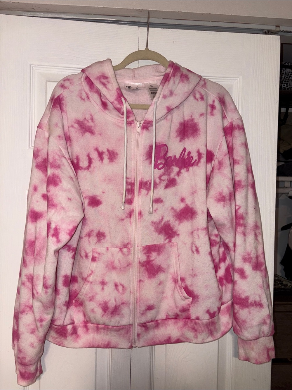 Barbie Pink White Tie-Dye Teddy Zip Hoodie. XL in EUC